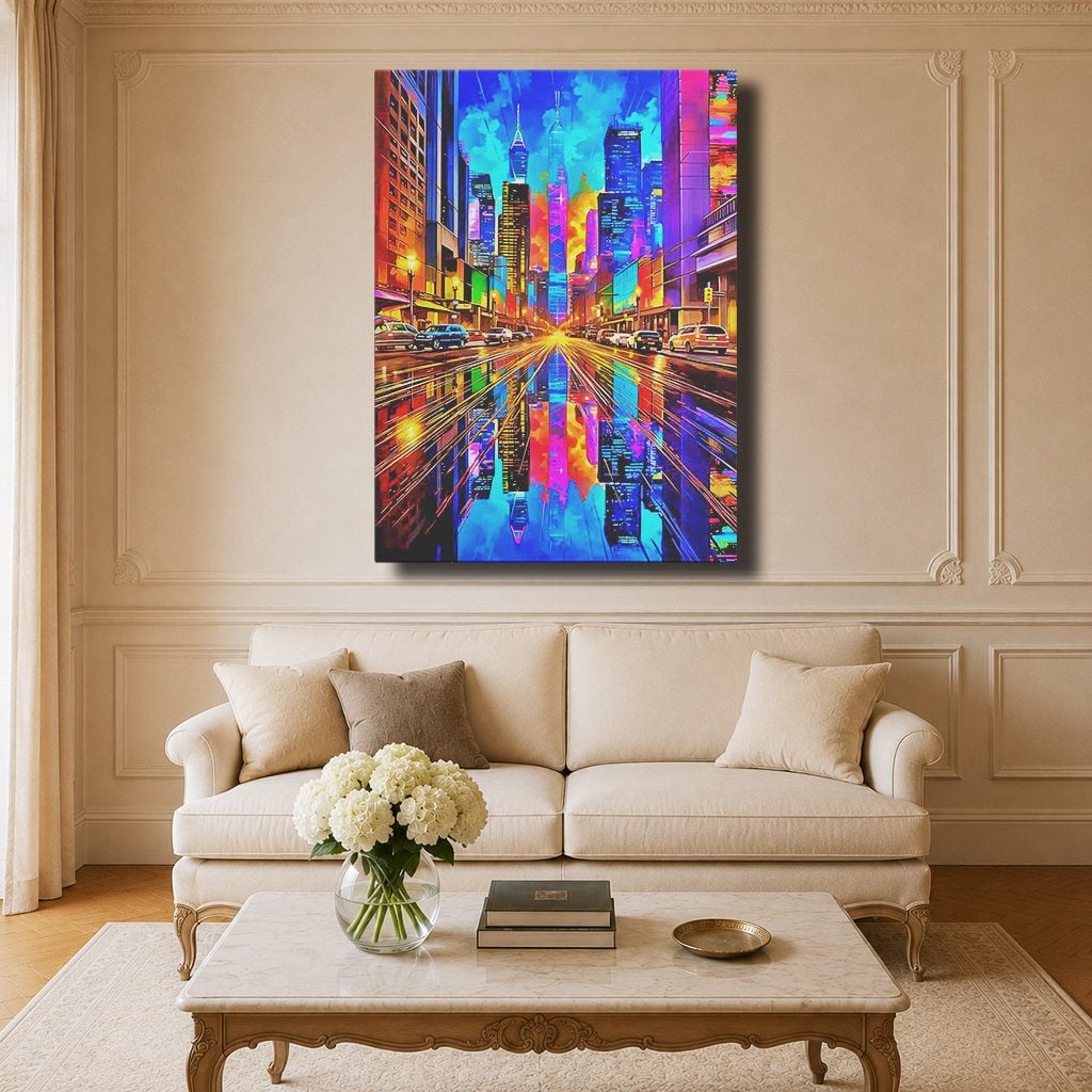 Tableau Pop Art Salon New York Skyline Néon Coloré