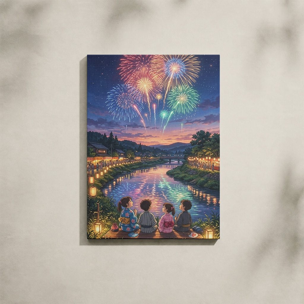 Tableau Japonais Salon Feux d'Artifice Rivière Coucher de Soleil