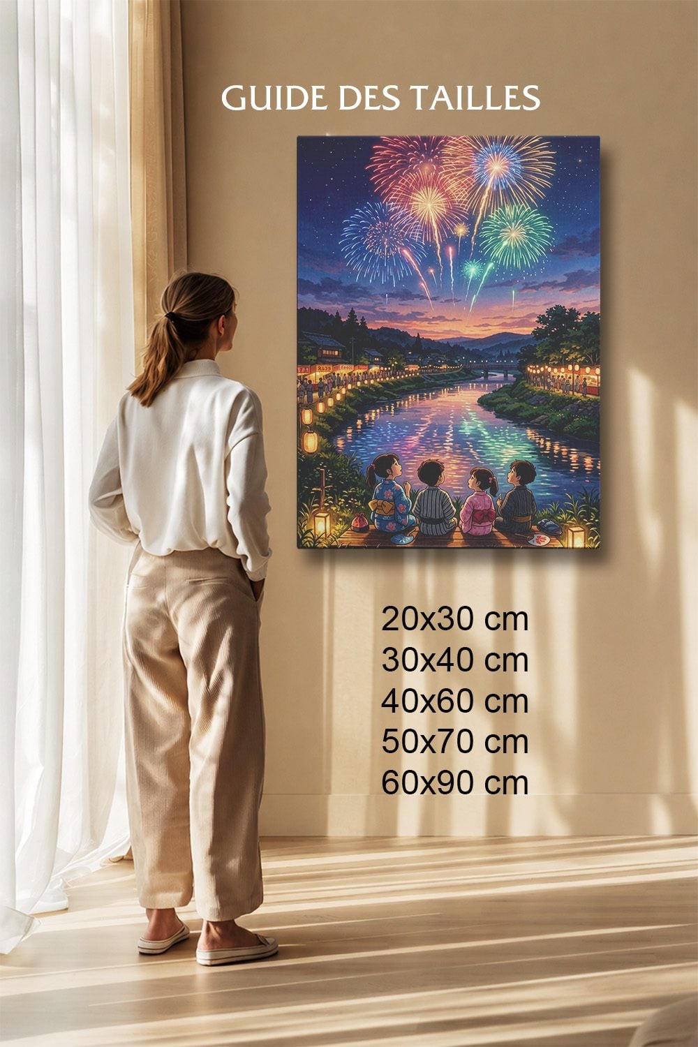 Tableau Japonais Salon Feux d'Artifice Rivière Coucher de Soleil