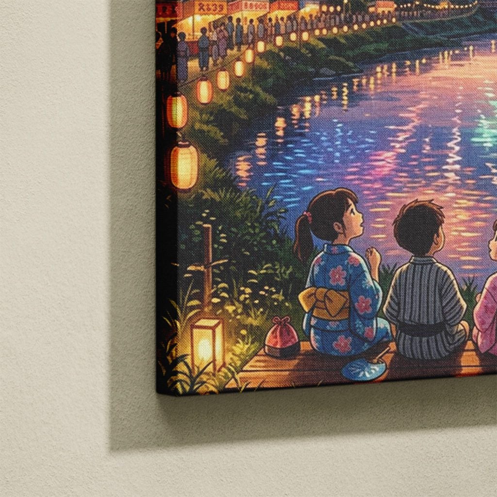 Tableau Japonais Salon Feux d'Artifice Rivière Coucher de Soleil