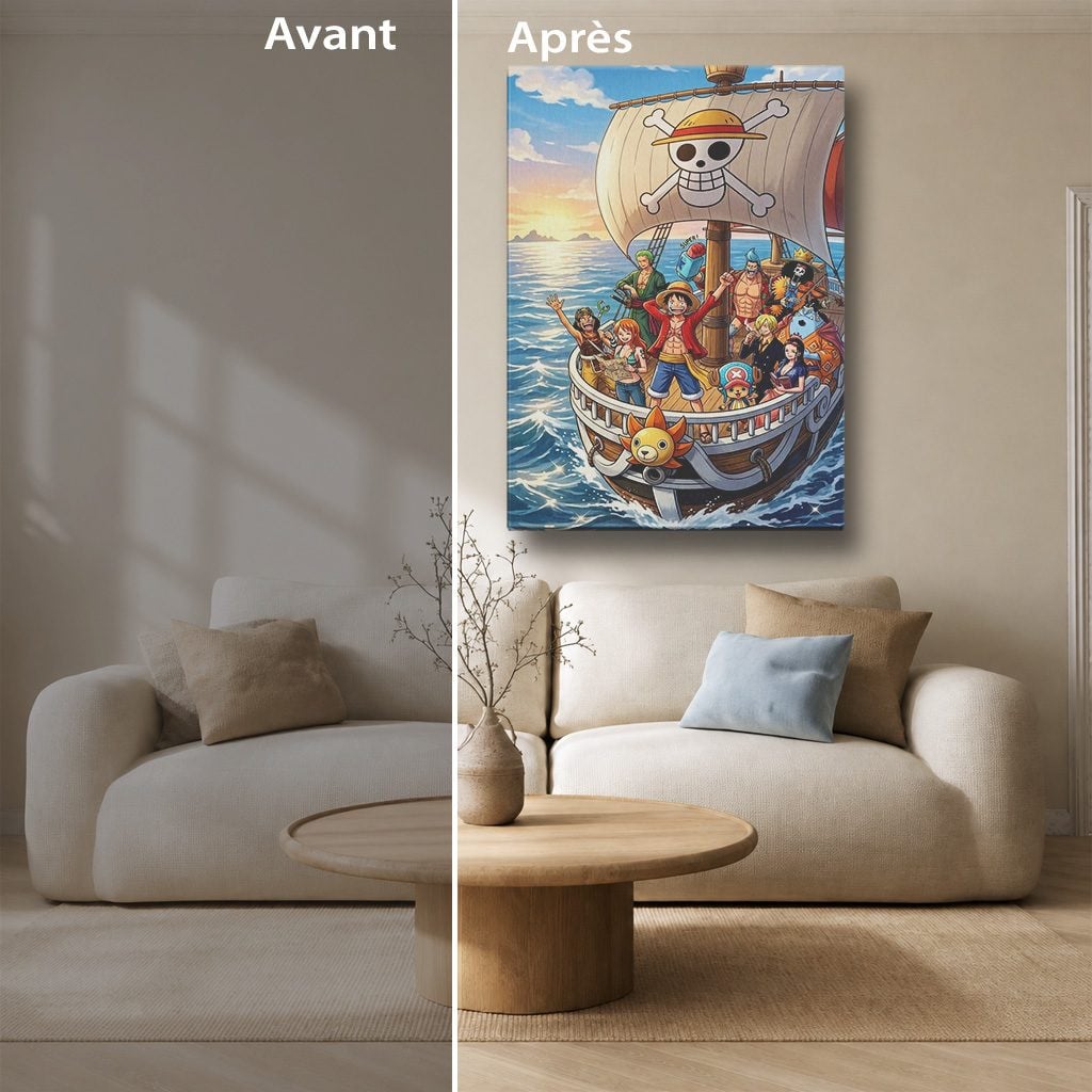 Tableau Manga Salon Thousand Sunny Voile Coucher de Soleil
