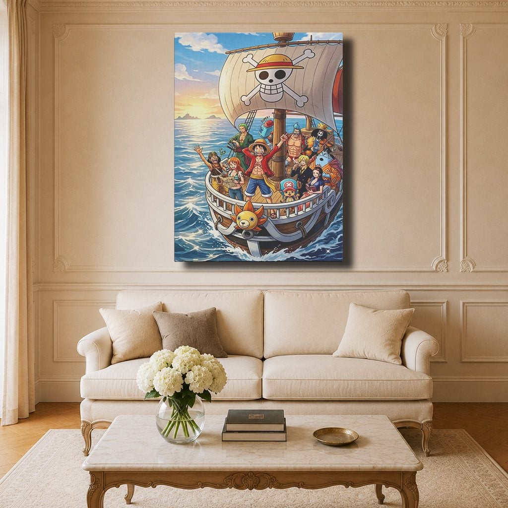 Tableau Manga Salon Thousand Sunny Voile Coucher de Soleil