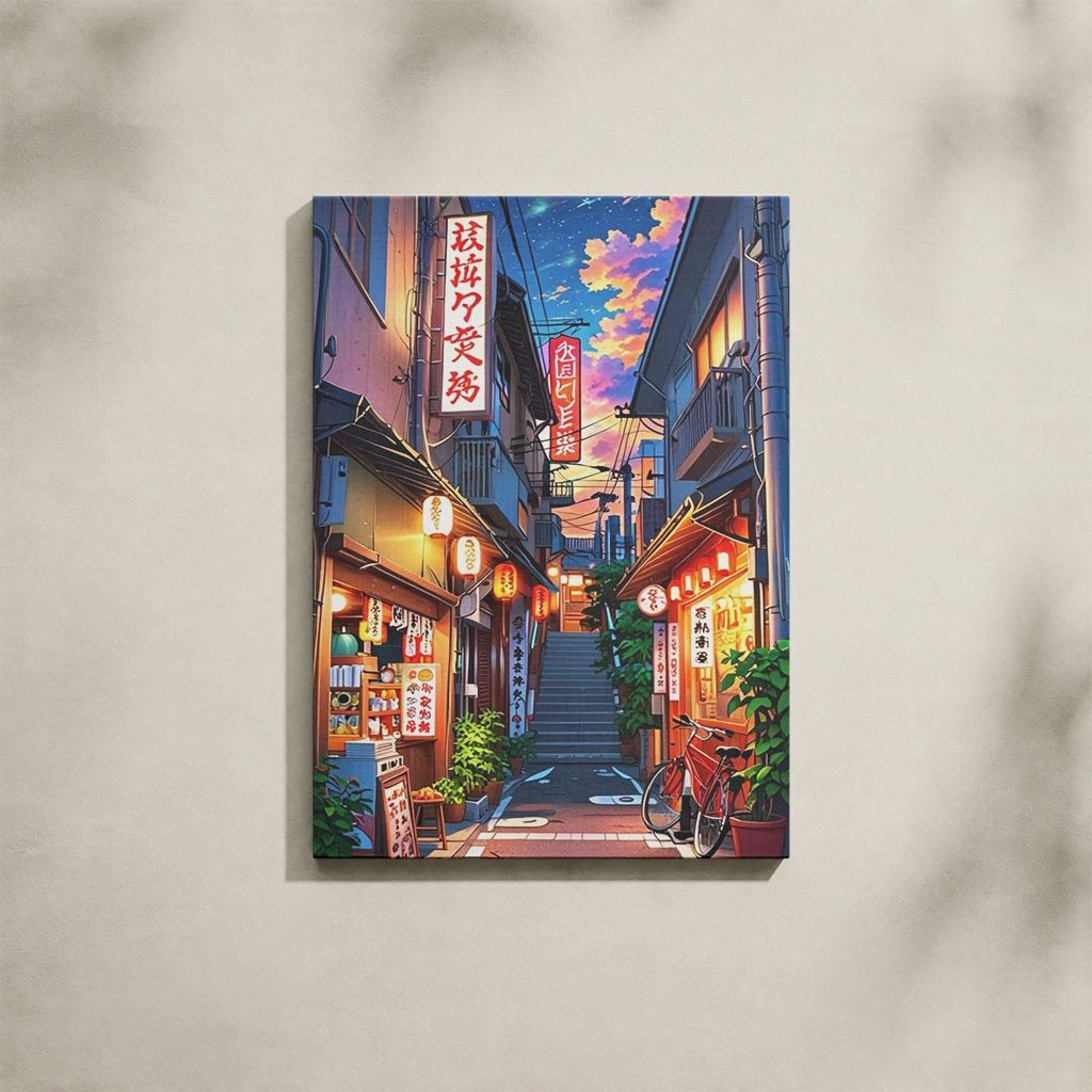 Tableau Japonais Salon Ruelle Lofi Lanternes Crépuscule