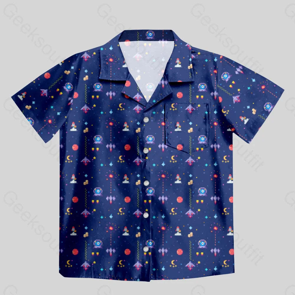 Chemise Hawaïenne à Poche - Jeu Vidéo d'Arcade Style Rétro Espace Bleu